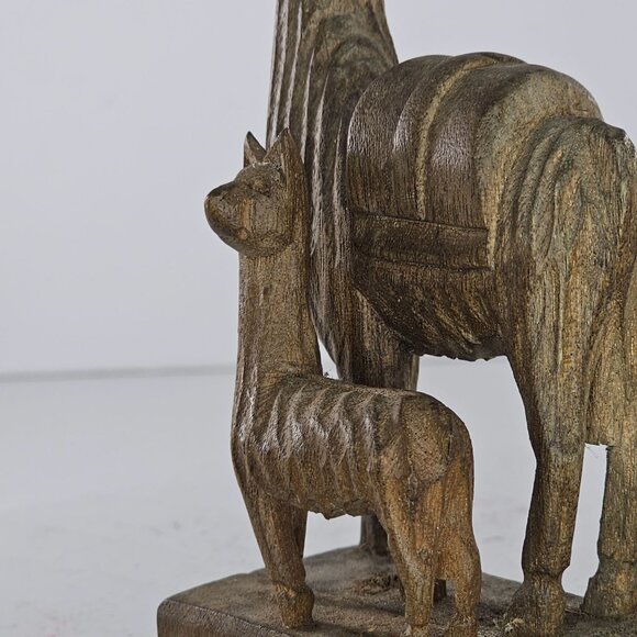 Hand Carved Wooden Llama Alpaca Statue Mom Baby Unique Rustic Home Decor - Picture 8 of 8